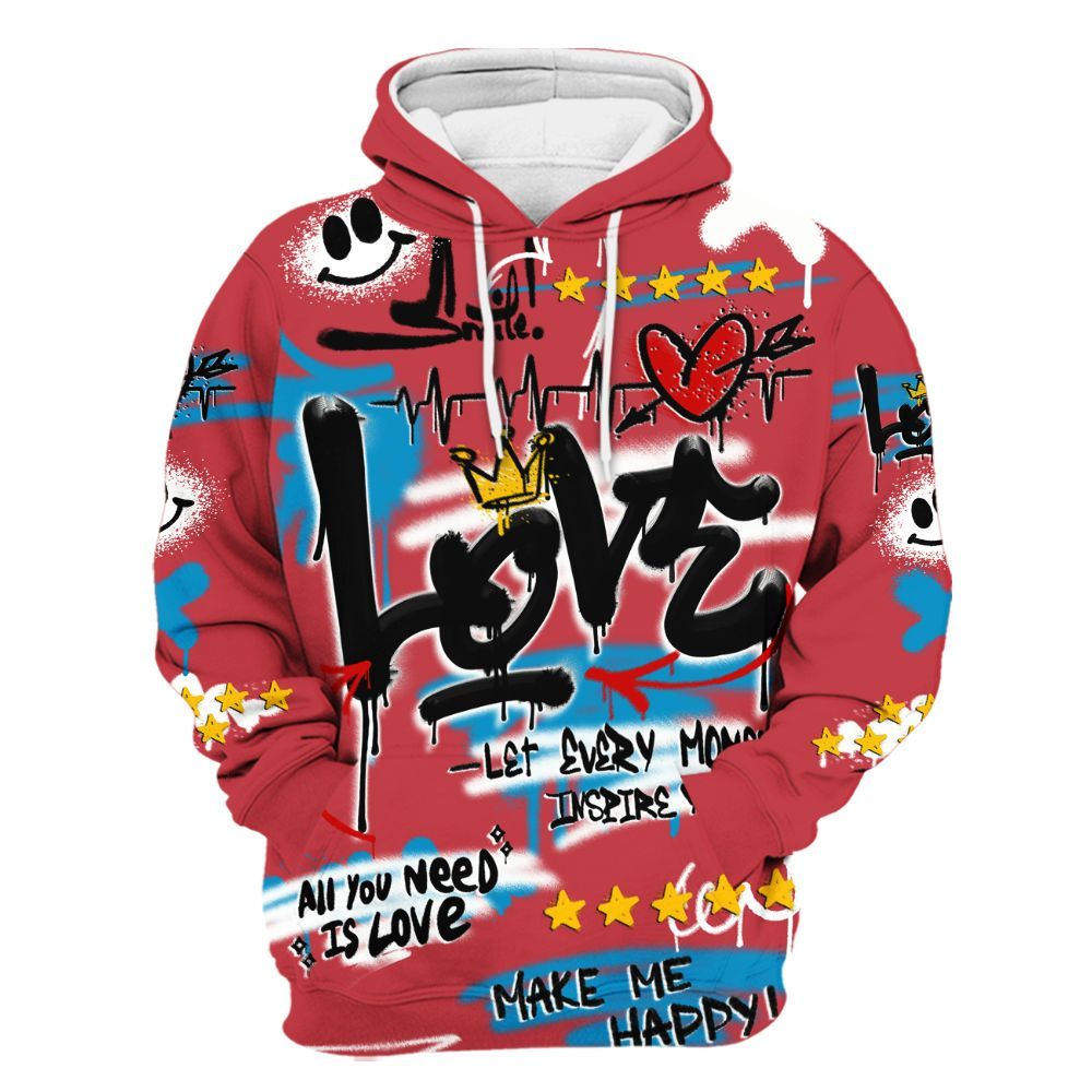 Hoodie To Match High OG University Red Dark Powder Blue 1s - Happy Love Beats Graffiti Streetwear All Over Print