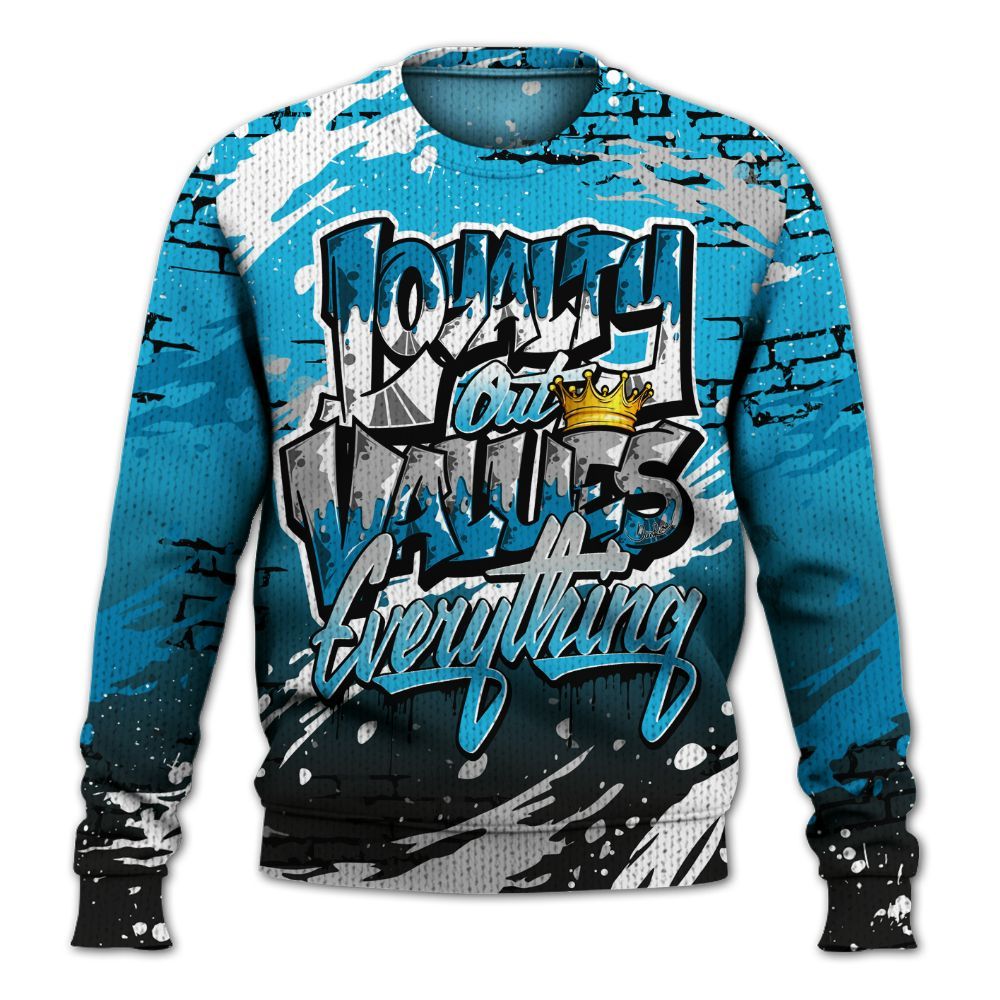 Sweater To Match Black University Blue 2026 14s - Values Of Loyalty Drip Graphic