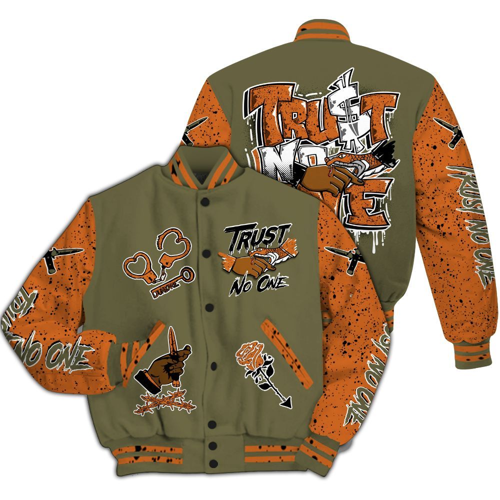 Varsity Jacket To Match Olive 5s - Trust No One Dripping All Over Print