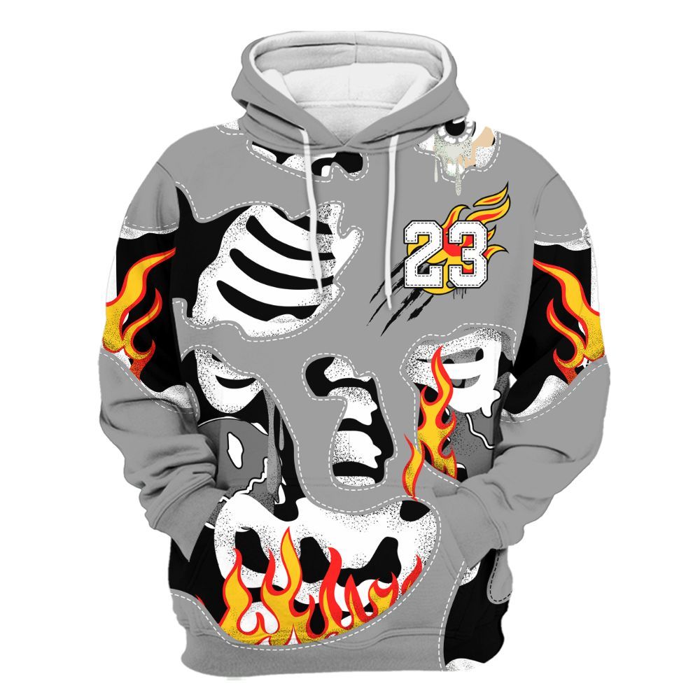 Hoodie To Match Black Wolf Grey 12s - Skeleton Smile Flame Drip All Over Print