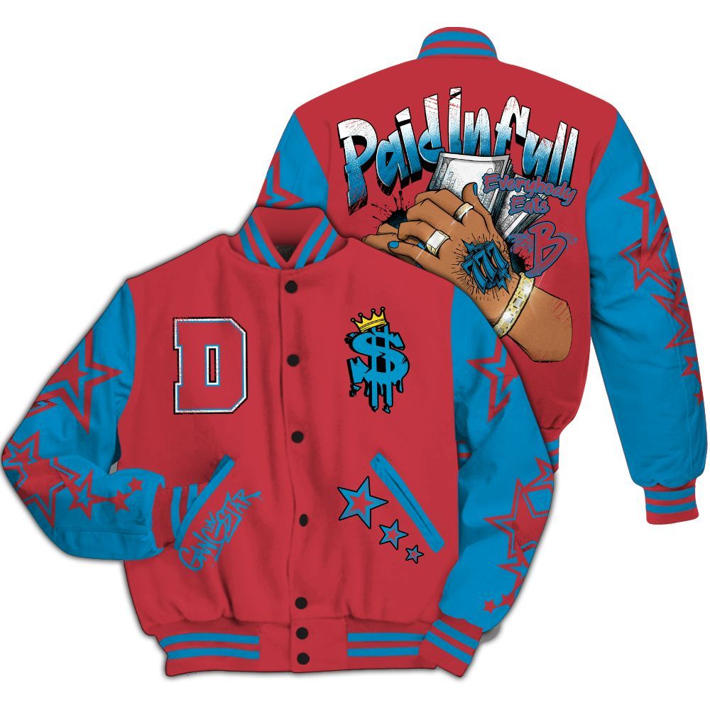 Varsity Jacket To Match High OG University Red Dark Powder Blue 1s - Lucky Money Paid In Full Retro All Over Print