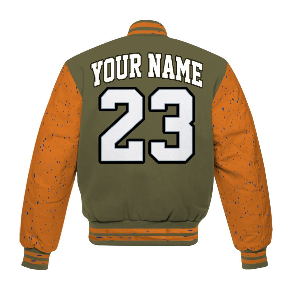 Varsity Jacket To Match Olive 5s - Custom Name Number 23 Drip All Over Print