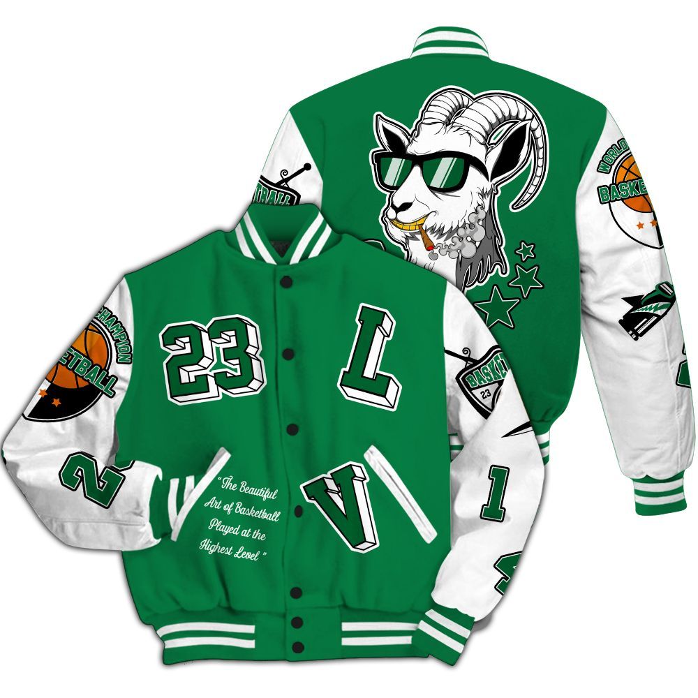 Varsity Jacket To Match Pine Green 13s - The GOAT Got Em Retro Graphic All Over Print