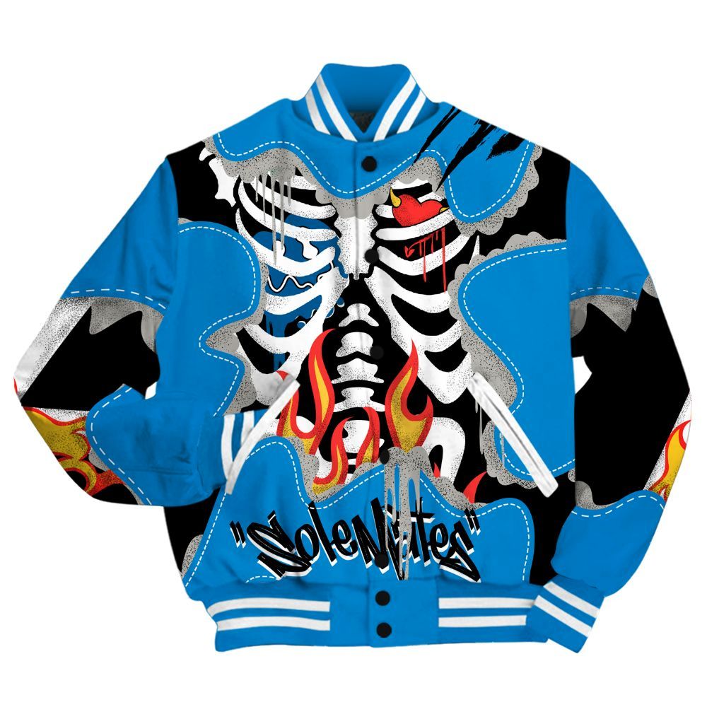 Varsity Jacket To Match Industrial Blue 4s - Skeleton Burning Heart Drip Military Blue 4s All Over Print