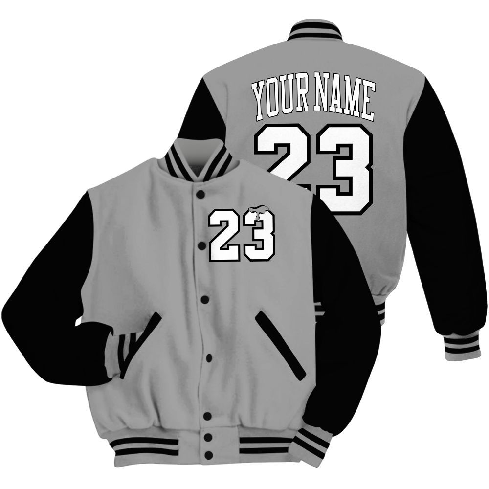 Varsity Jacket To Match Black Wolf Grey 12s - Custom Name Number 23 Drip All Over Print