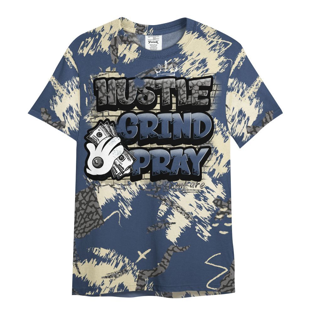 Shirt To Match Diffused Blue 3s - Hustle Grind Pray Retro All Over Print