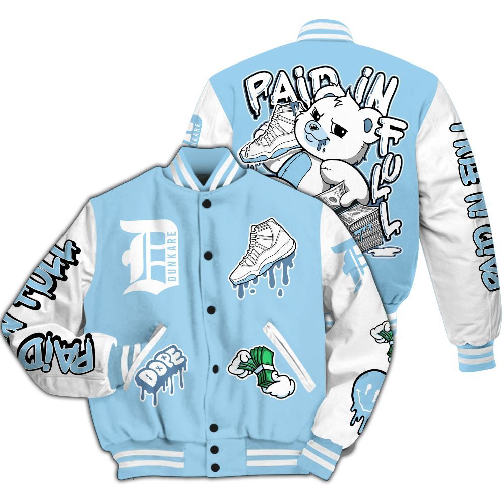 Varsity Jacket To Match Legend Blue 11s - Drip Paid In Full Moneys Bear Graphics All Over Print