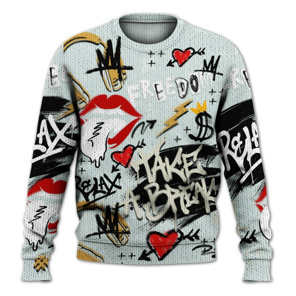 Knitted Sweater To Match Pure Platinum 4s - Take Break Freedom Graffiti Streetwear