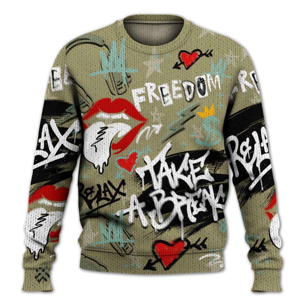 Knitted Sweater To Match Dunk Low Suede Olive Aura - Take Break Freedom Graffiti Streetwear