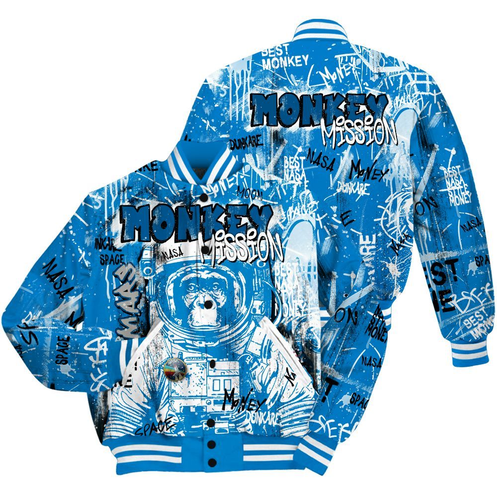 Varsity Jacket To Match Industrial Blue 4s Shirt, Monkey Misson Space Military Blue 4s All Over Print