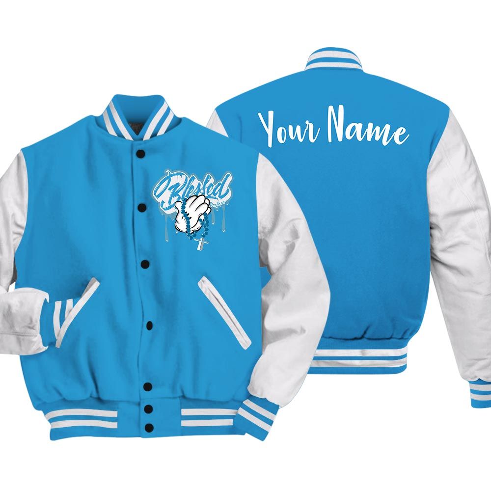 Varsity Jacket To Match Varsity Streetwear Custom Name God Blessed Drip, Powder Blue 9s T-Shirt, To Sneaker Powder Blue 9s Baseball Varsity Jacket 1704 NCT