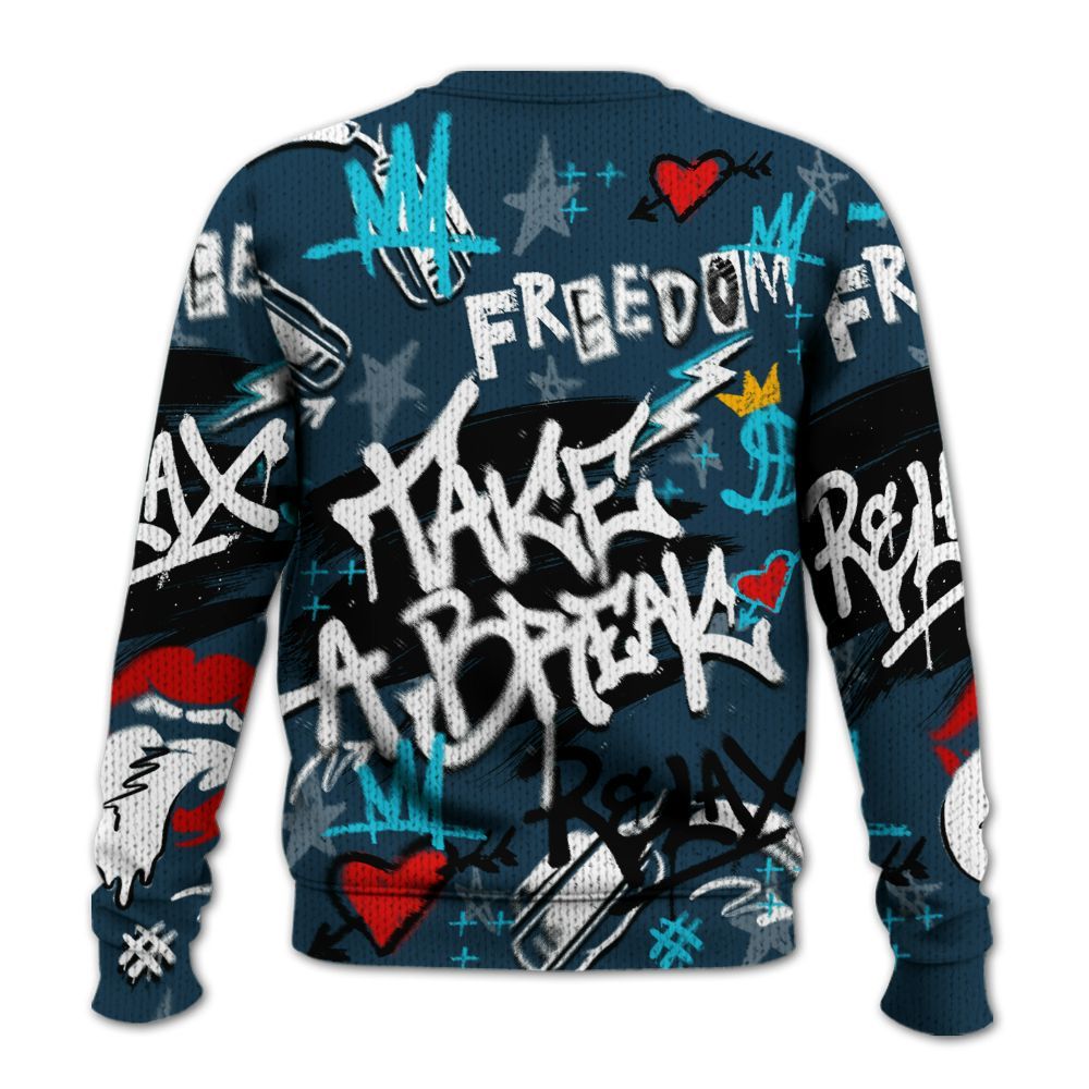 Knitted Sweater To Match Air Navy Baltic Blue - Take Break Freedom Graffiti Streetwear