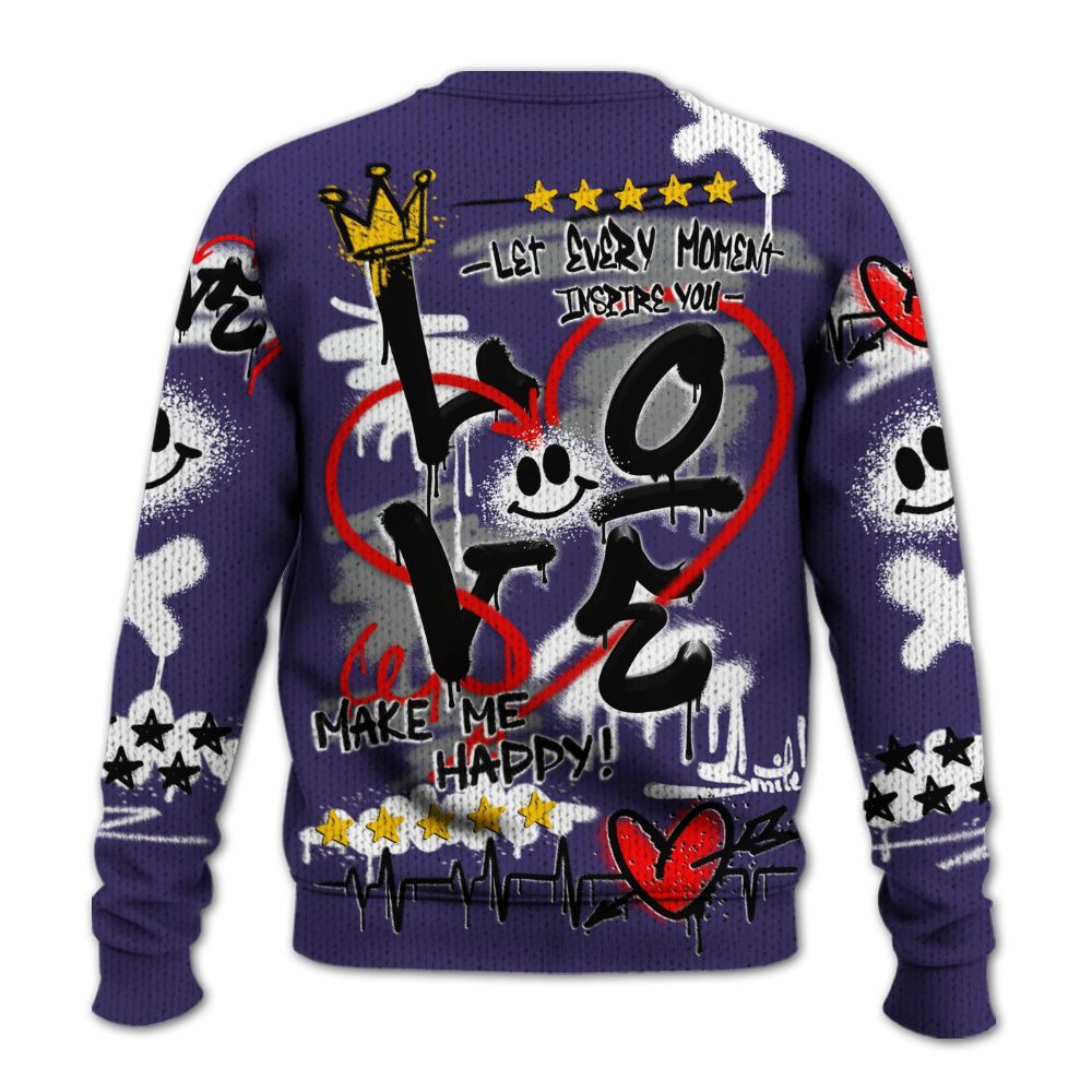 Knitted Sweater To Match Retro Court Purple 13s - Happy Love Beats Graffiti Streetwear