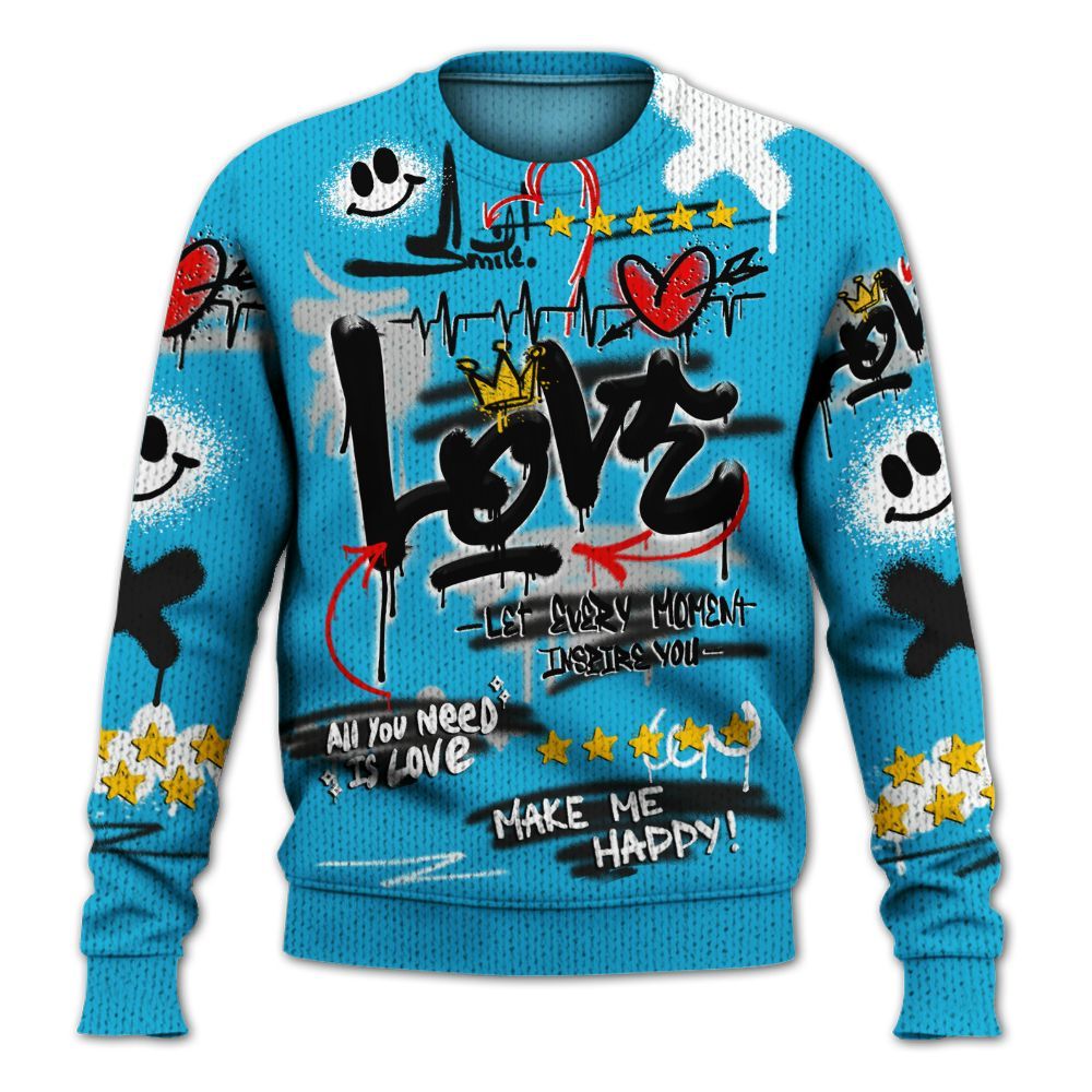 Sweater To Match Black University Blue 2026 14s - Happy Love Beats Graffiti Streetwear Graphic