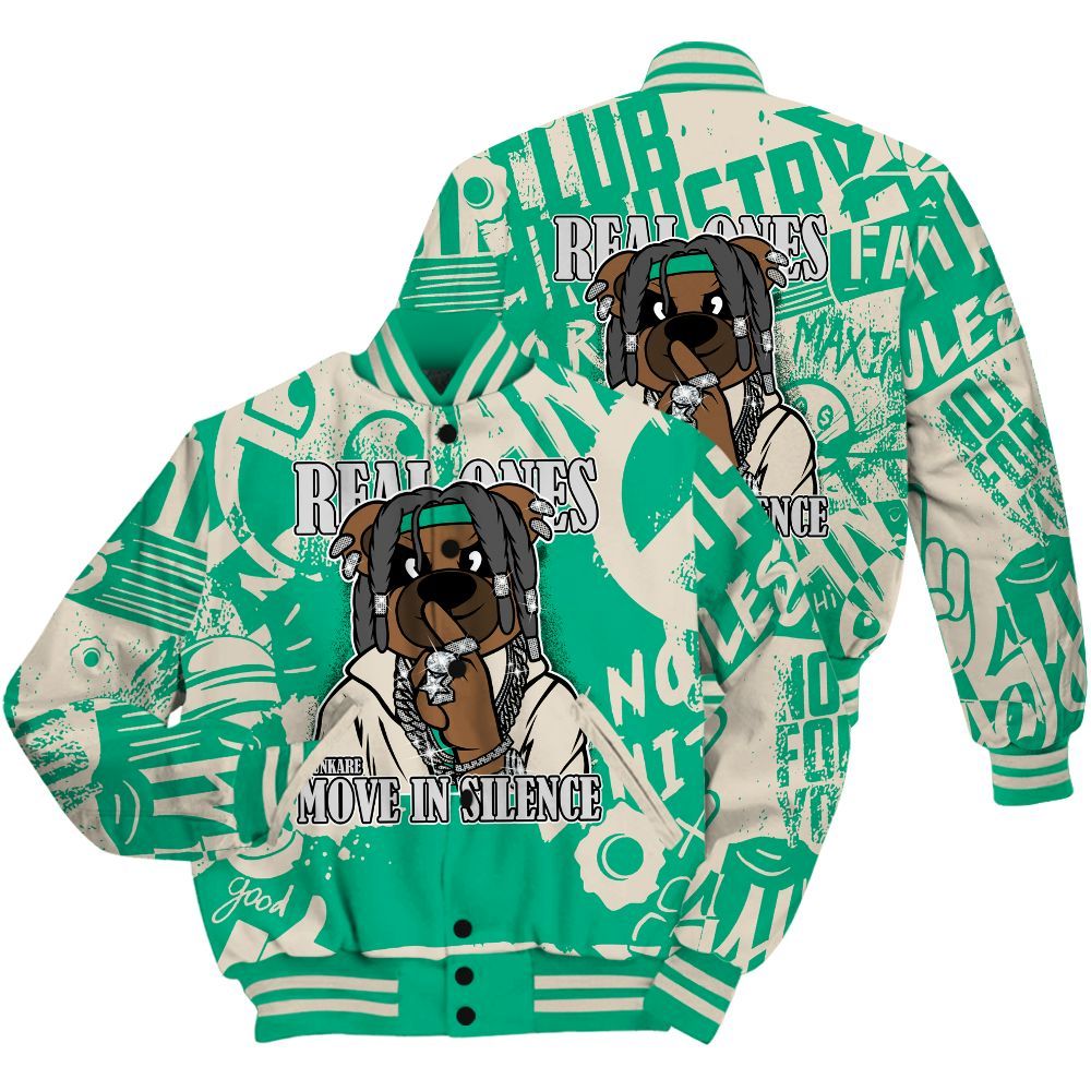 Varsity Jacket To Match Oxidized Green 4s Shirt - Silent Achievers Bear Monogram Graffiti All Over Print