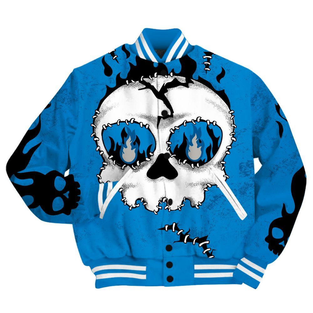 Varsity Jacket To Match Industrial Blue 4s Shirt, Cracked Skull Stitches Military Blue 4s All Over Print