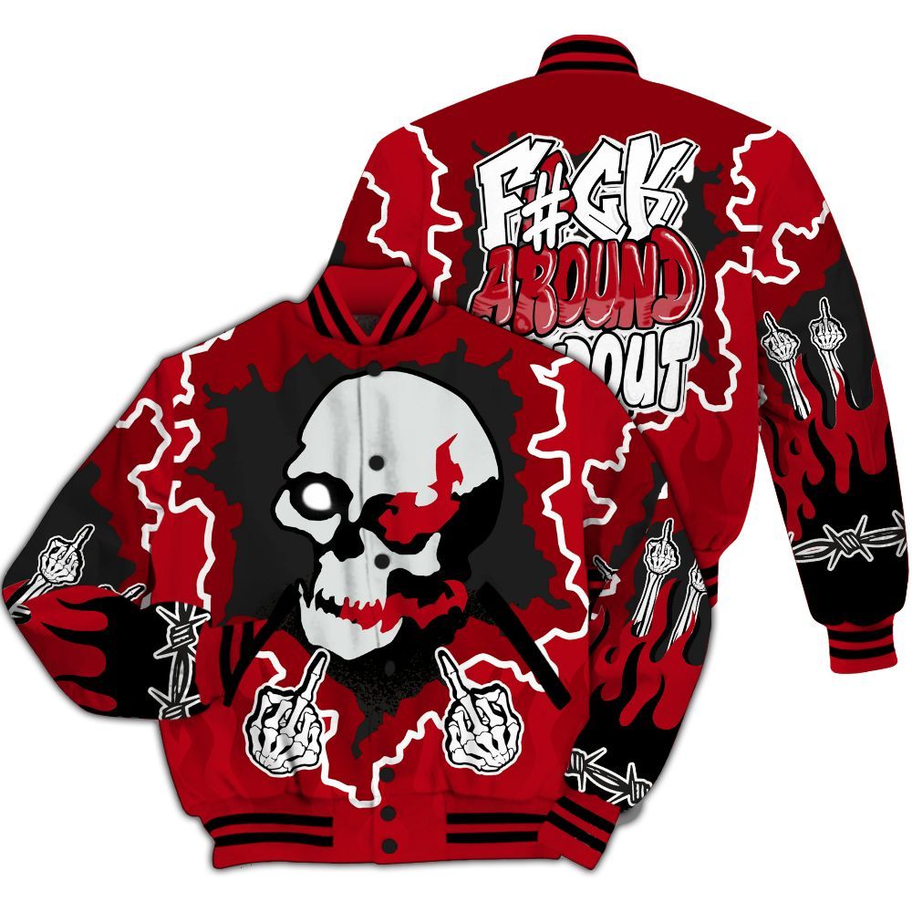 Varsity Jacket To Match Bred Velvet 11s - F Around Find Out Graphic Trapped All Over Print