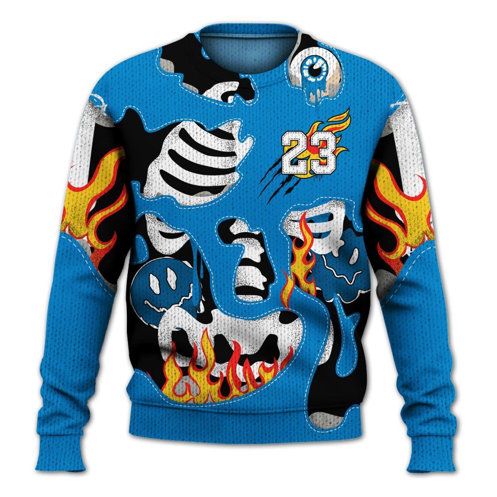 Knitted Sweater To Match Industrial Blue 4s - Skeleton Smile Flame Drip Military Blue 4s