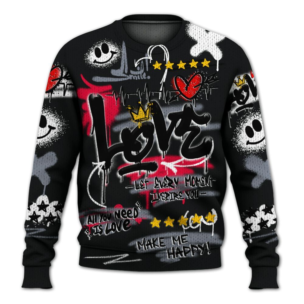 Knitted Sweater To Match Mid Black Metallic 1s - Happy Love Beats Graffiti Streetwear