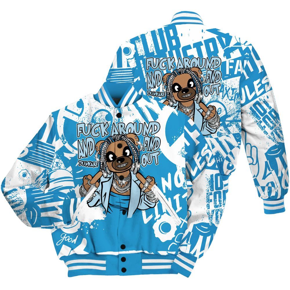 Varsity Jacket To Match Powder Blue 9s Shirt - F#ck Around Bear Bear Monogram Graffiti All Over Print