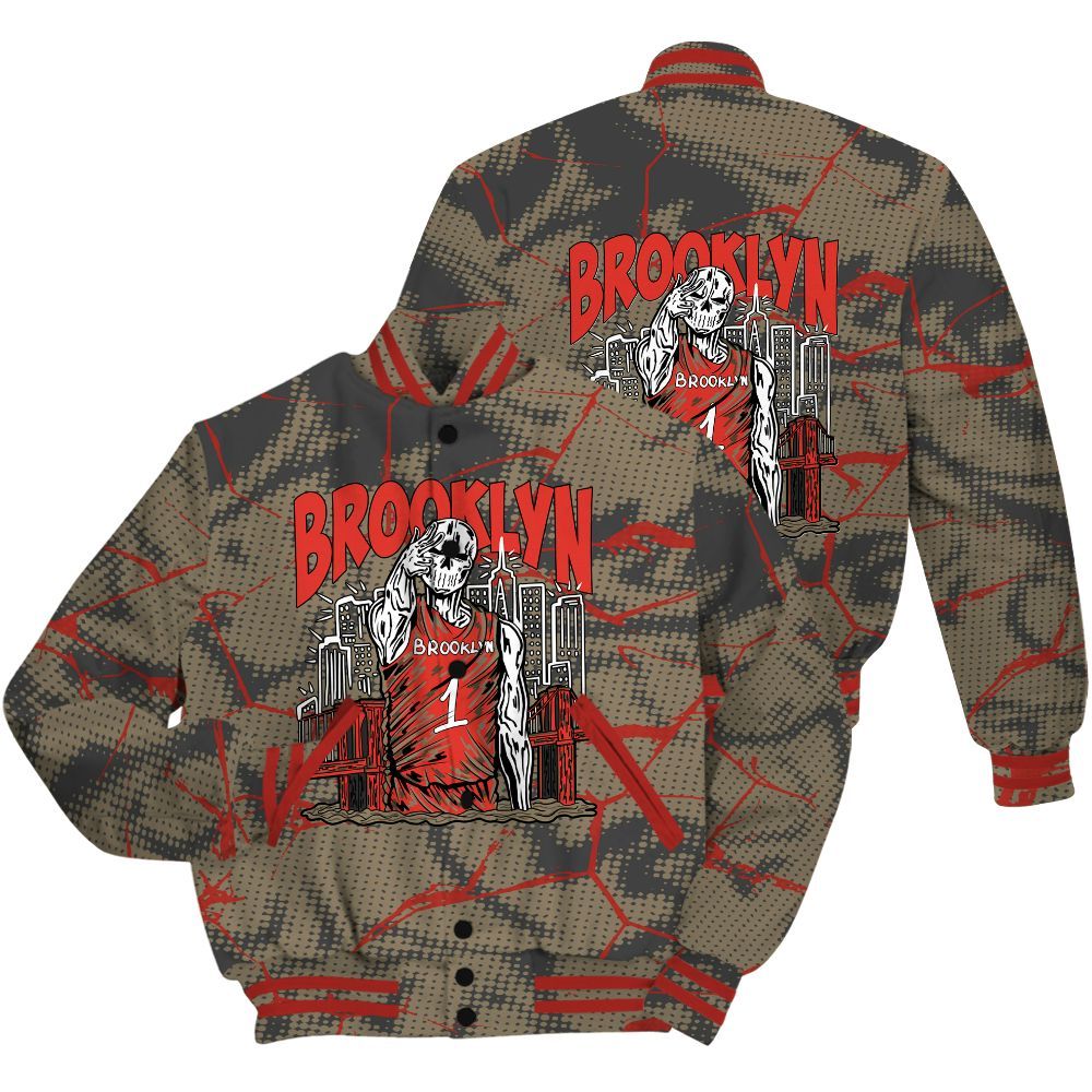 Varsity Jacket To Match Olive 9s Shirt - Brooklyn's Skeleton Crack All Over Print