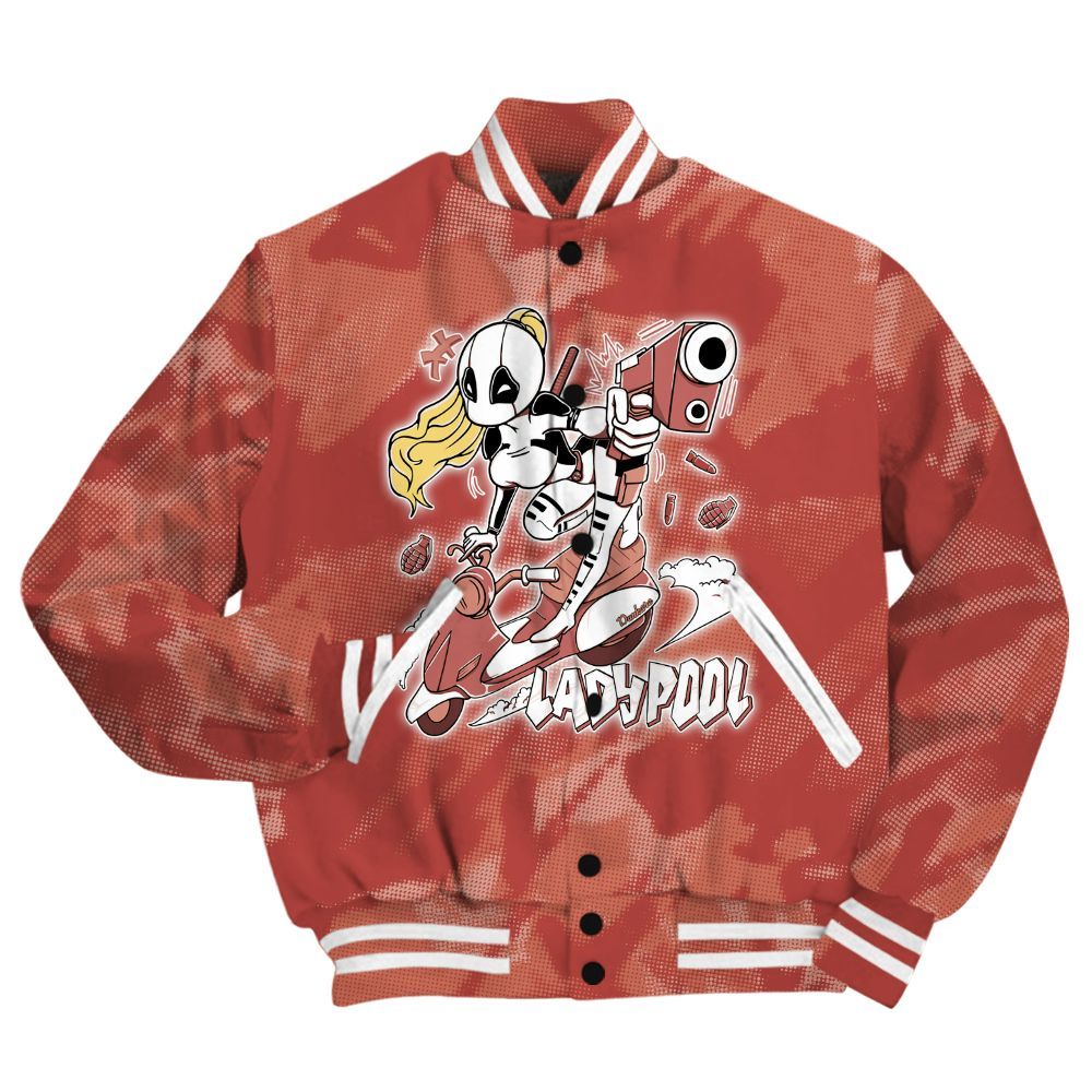 Varsity Jacket To Match Dune Red 13s Shirt - Lady Pool Cartoon Abstract Halftone All Over Print