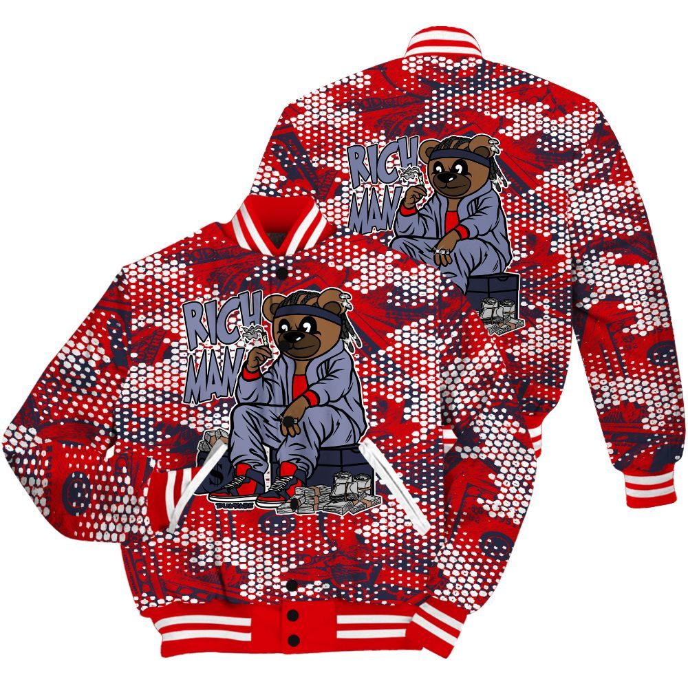 Varsity Jacket To Match Low OG Howard Bison 1s Shirt - Rich Man Bear Banknotes Art All Over Print