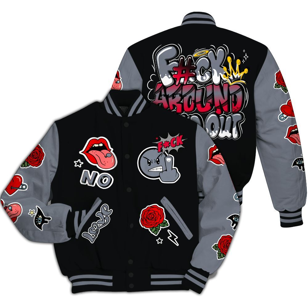 Varsity Jacket To Match Mid Black Metallic 1s - FK Around Find Out All Over Print