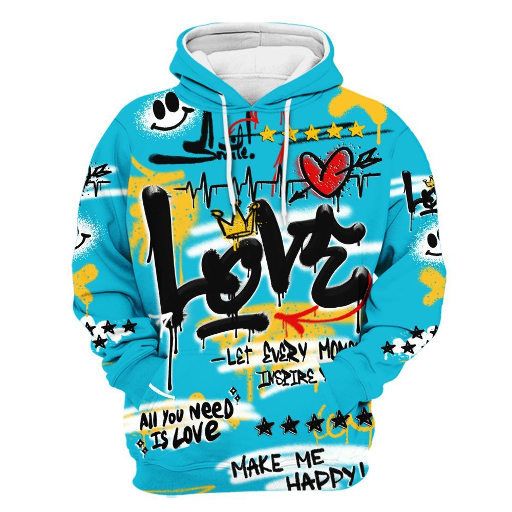 Hoodie To Match Retro Aqua 5s - Happy Love Beats Graffiti Streetwear All Over Print