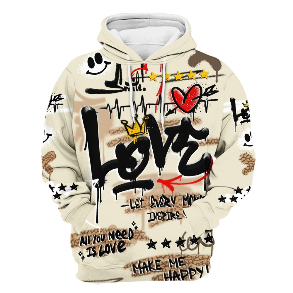 Hoodie To Match Orewood Brown 3s - Happy Love Beats Graffiti Streetwear All Over Print