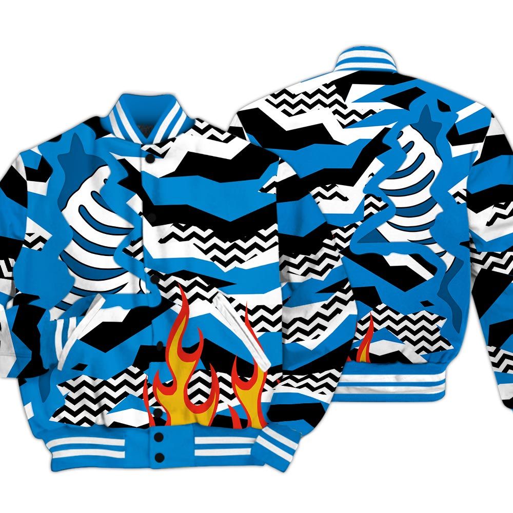 Varsity Jacket To Match Industrial Blue 4s - Retro Geometric Camouflage Flame Baseball Varsity Jacket Military Blue 4s Outfit