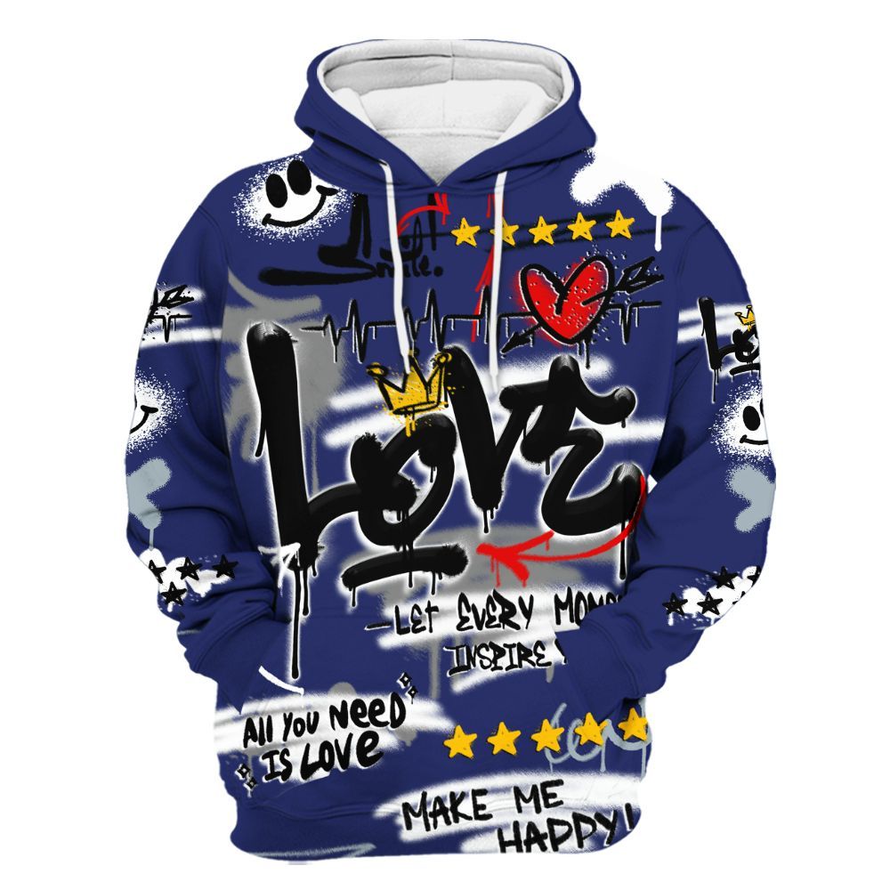 Hoodie To Match Midnight Navy 11s - Happy Love Beats Graffiti Streetwear All Over Print