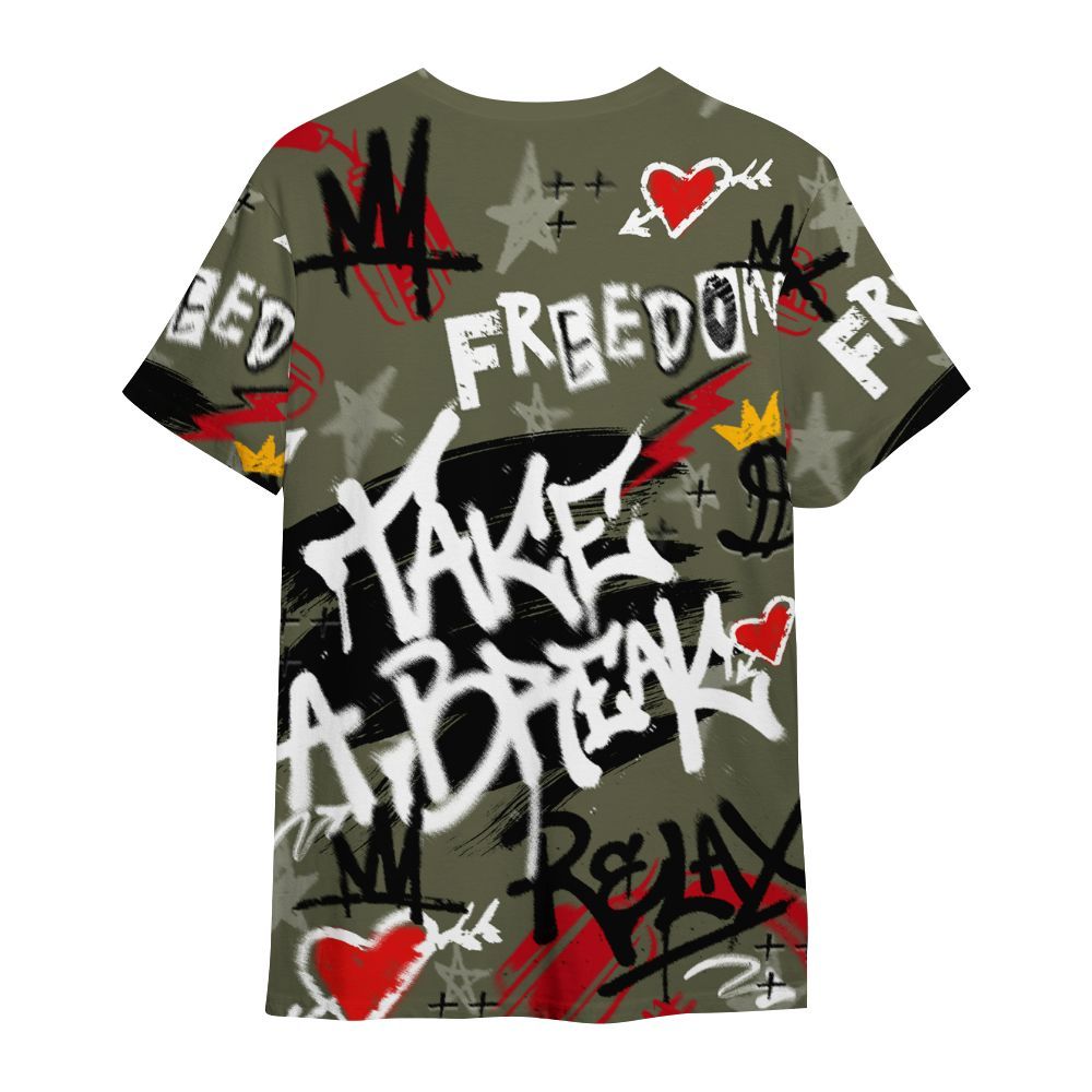 Shirt To Match Low OG Medium Olive 1s - Take Break Freedom Graffiti Streetwear All Over Print