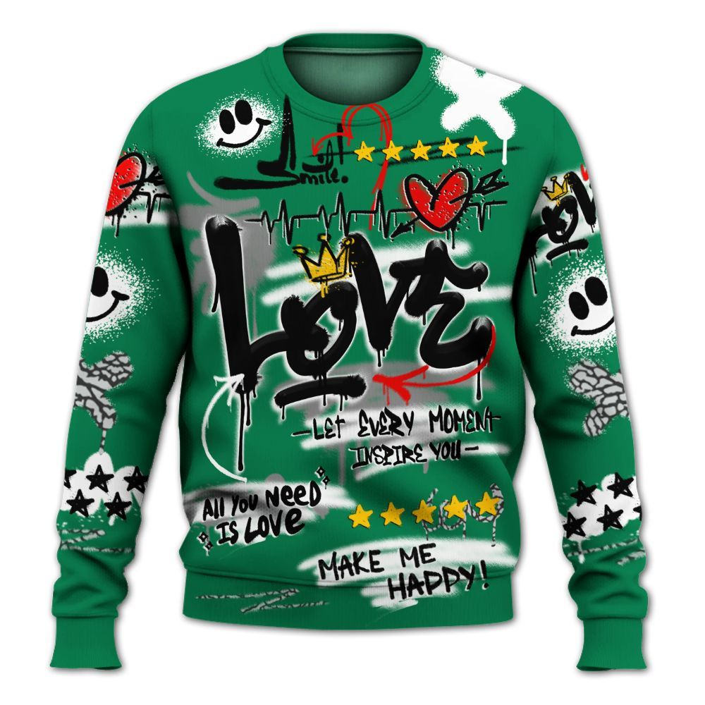 Sweatshirt To Match Pine Green 3s - Happy Love Beats Graffiti Streetwear All Over Print