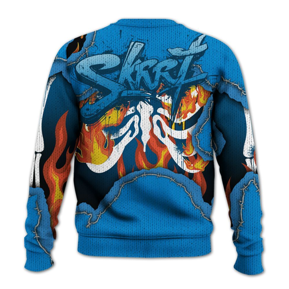 Knitted Sweater To Match Industrial Blue 4s - Skeleton On Fire Skrrt Military Blue 4s
