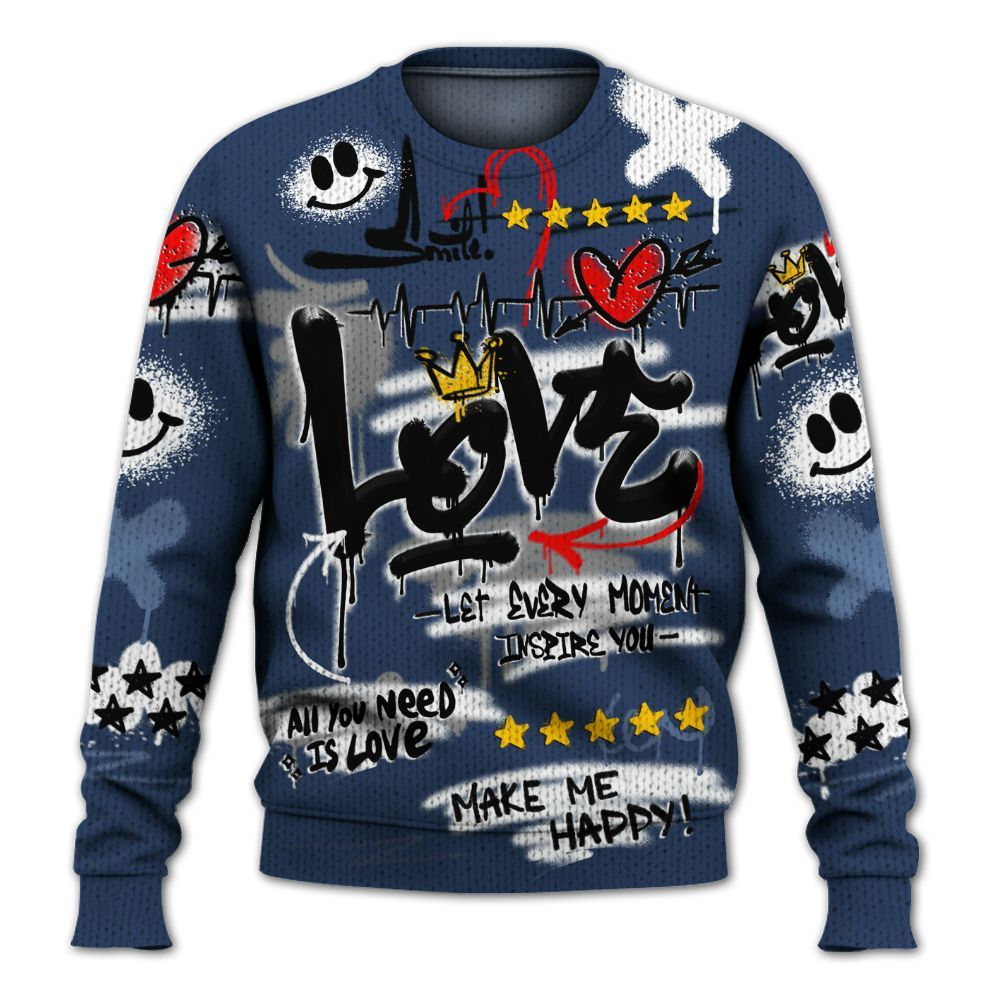 Knitted Sweater To Match Low 85 Metallic Blue 1s - Happy Love Beats Graffiti Streetwear