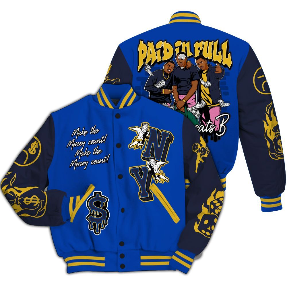 Varsity Jacket To Match Brazil Racer Blue Yellow 3s - Paid In Full Money Graphic All Over Print