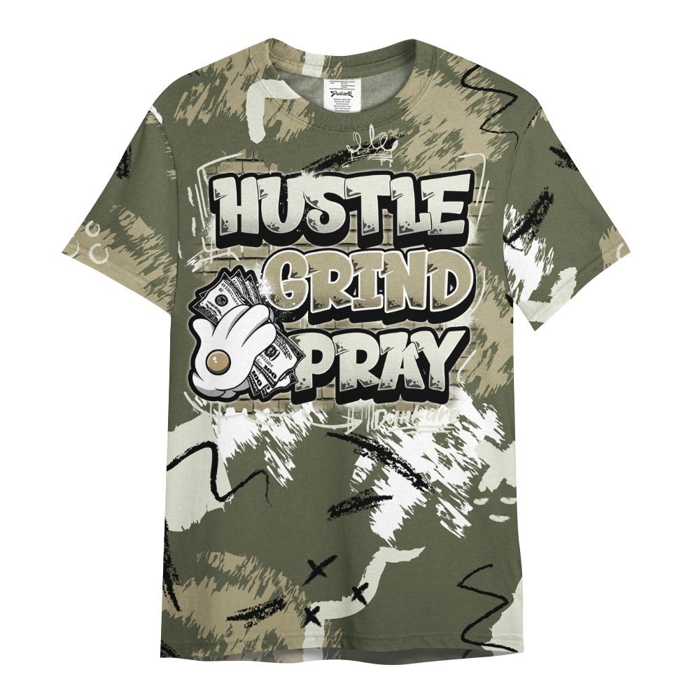 Shirt To Match Low OG Medium Olive 1s - Hustle Grind Pray Graphic Street Style All Over Print