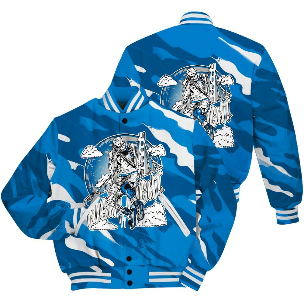 Varsity Jacket To Match Industrial Blue 4s Shirt - Seeya Skeleton Colored All Over Print