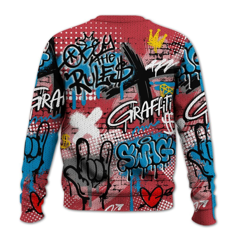 Knitted Sweater To Match High OG University Red Dark Powder Blue 1s - True It Real Graffiti Streetwear
