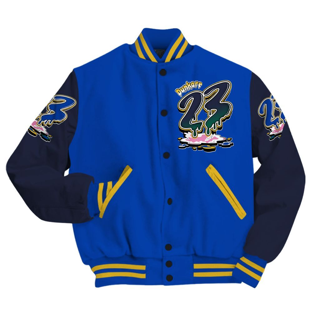 Varsity Jacket To Match Brazil Racer Blue Yellow 3s - Custom Name 23 Drip All Over Print