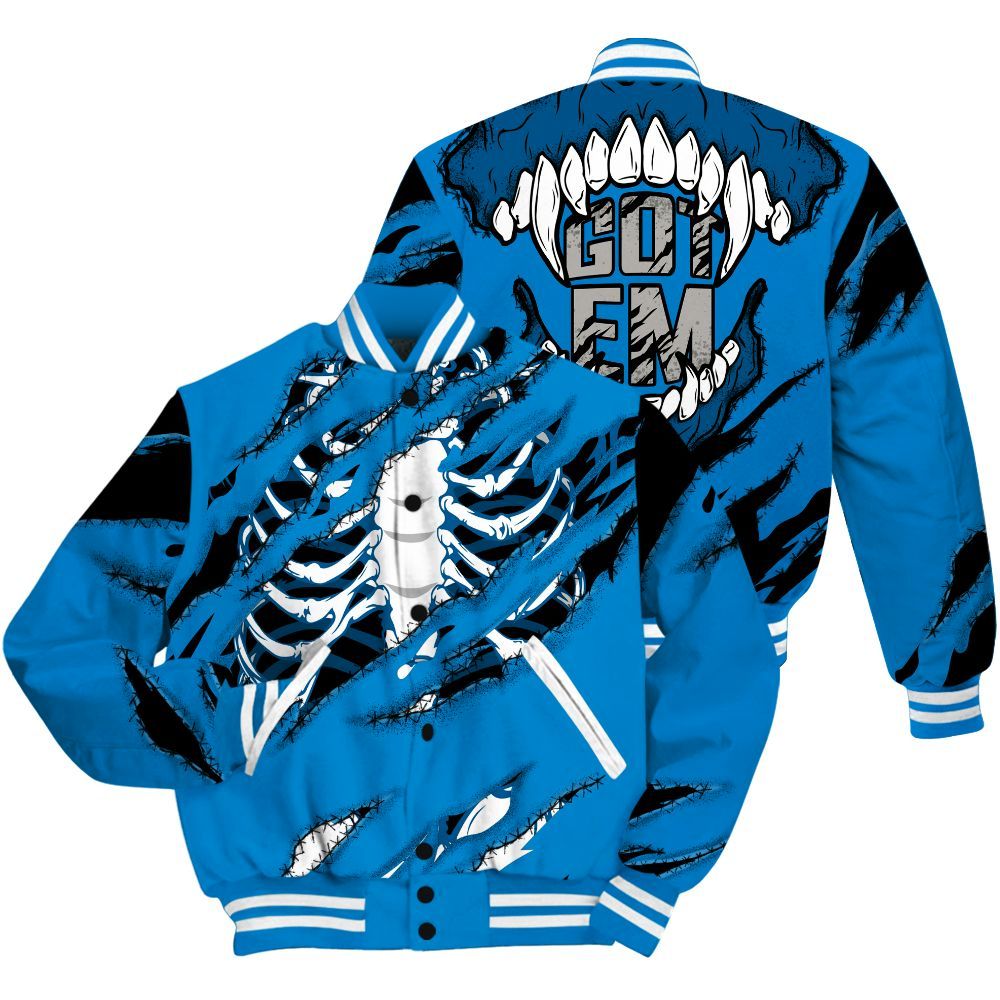 Varsity Jacket To Match Industrial Blue 4s Shirt, GOT 'EM Skeleton Scratch Military Blue 4s All Over Print