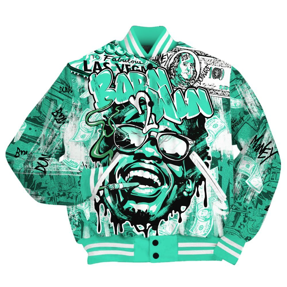 Varsity Jacket To Match Black Green Glow 3s Shirt, Born To Win Money Green Glow 3s All Over Print