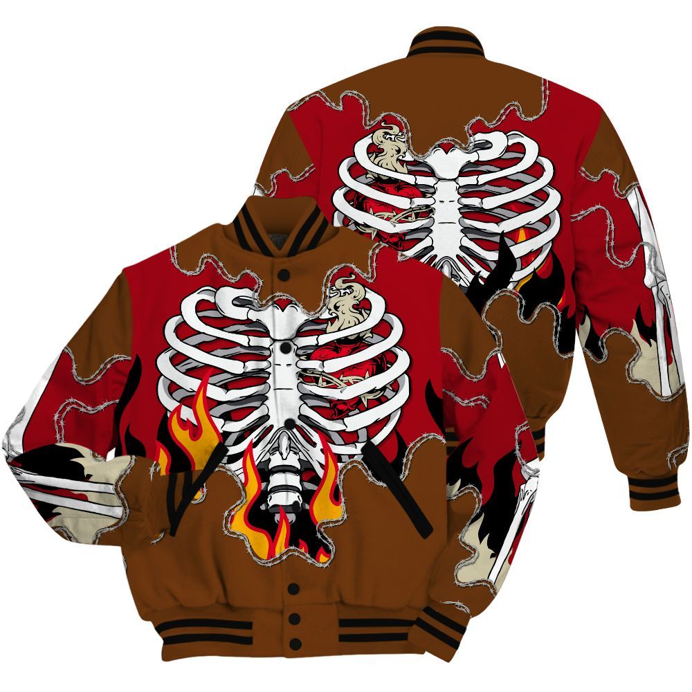 Varsity Jacket To Match Archaeo Brown 5s Shirt, Skeleton Heart On Fire All Over Print