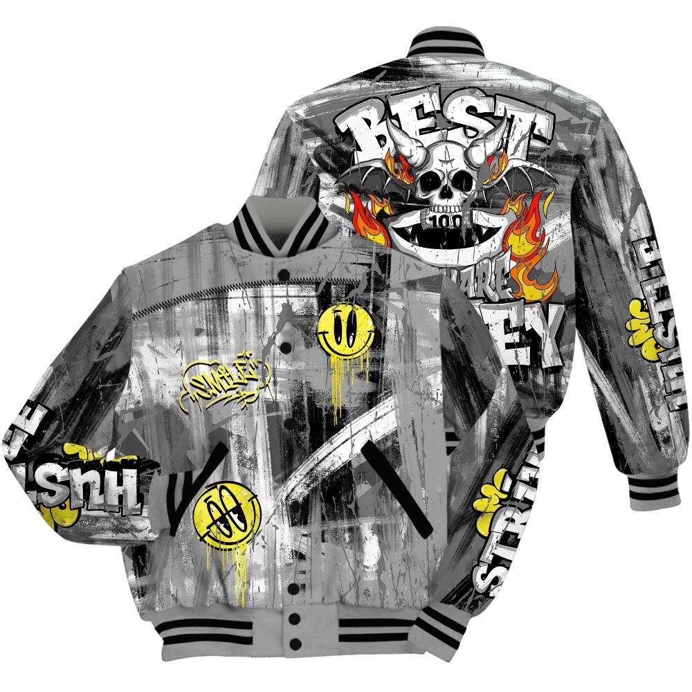 Varsity Jacket To Match Black Wolf Grey 12s - Money Skull Smile Fire All Over Print