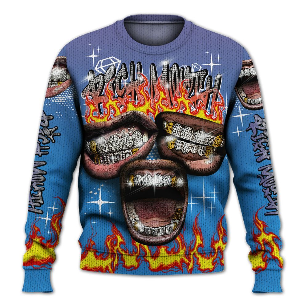 Knitted Sweater To Match Hi-Res Blue 700s - Rich Mouth Fire Rap Retro 90s