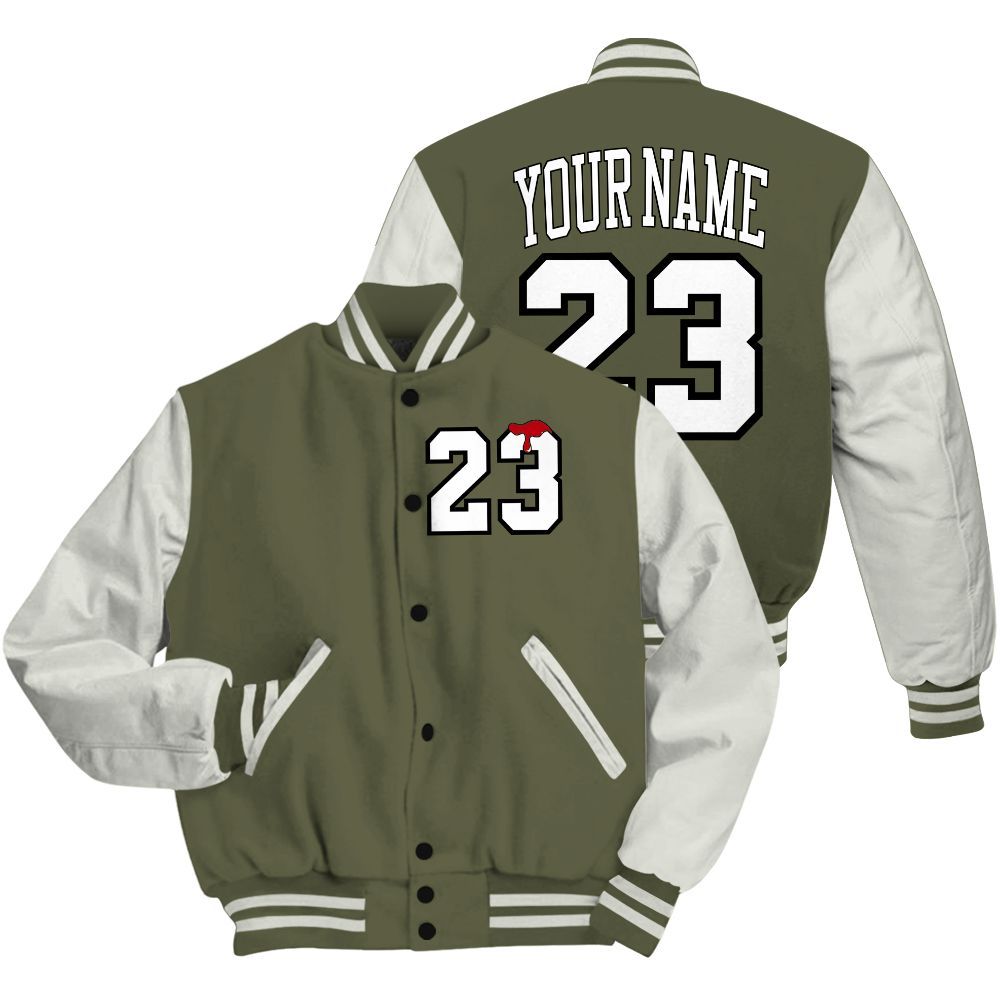Varsity Jacket To Match Low OG Medium Olive 1s - Custom Name Number 23 Drip All Over Print