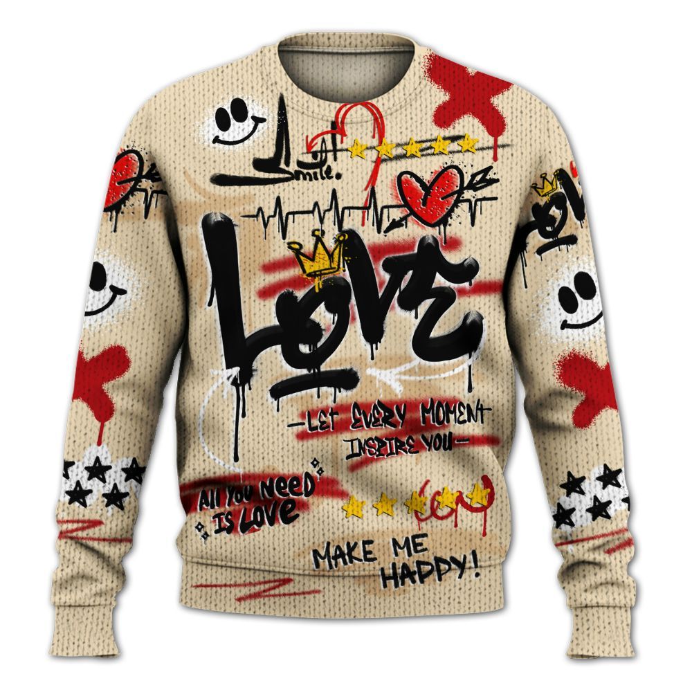 Knitted Sweater To Match Dunk Low Strawberry Waffle - Happy Love Beats Graffiti Streetwear