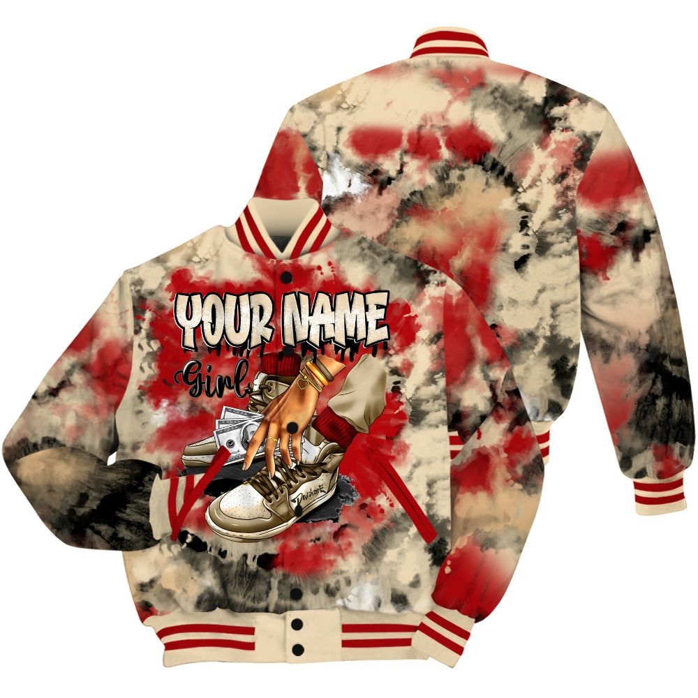 Varsity Jacket To Match Dunk Low Strawberry Waffle - Custom Name SNEAKER Girl Money Drip Tie Dye All Over Print