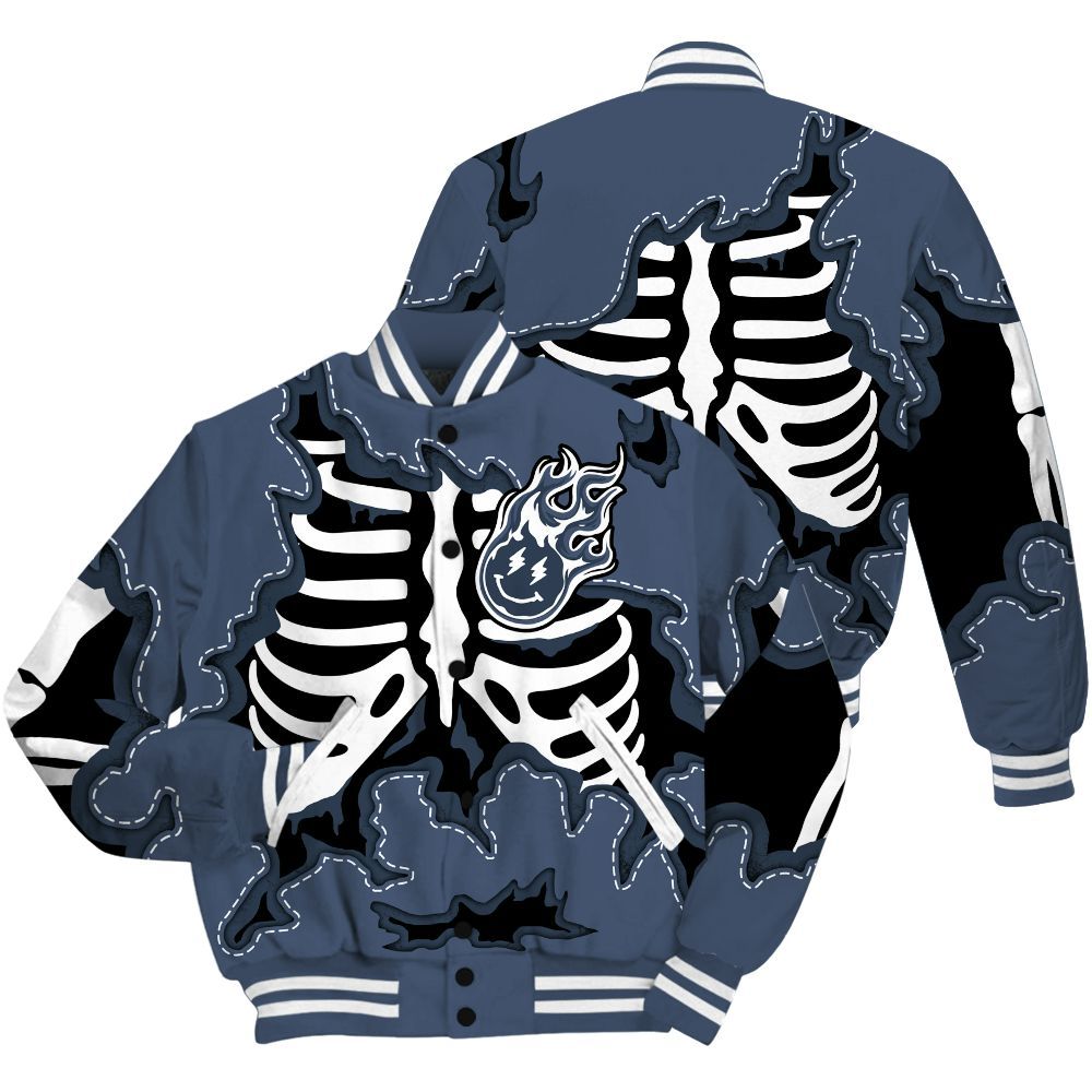Varsity Jacket To Match Low Diffused Blue 11s Shirt, Skeleton Smiley Face All Over Print